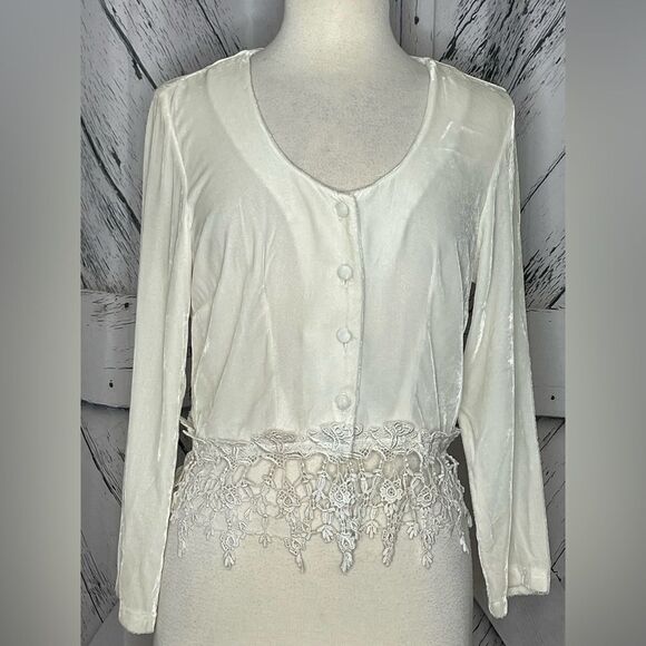 Vintage Ivory Velvet Lace Trimmed Crop Top S - Picture 1 of 5